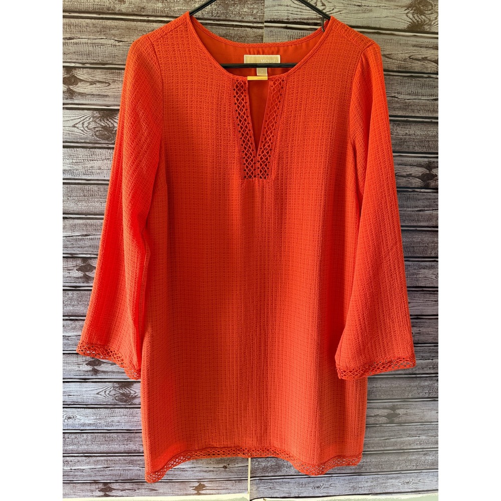Michael Michael Kors Women's‎ Long-Sleeved Dress M Orange Textured Crochet Trim